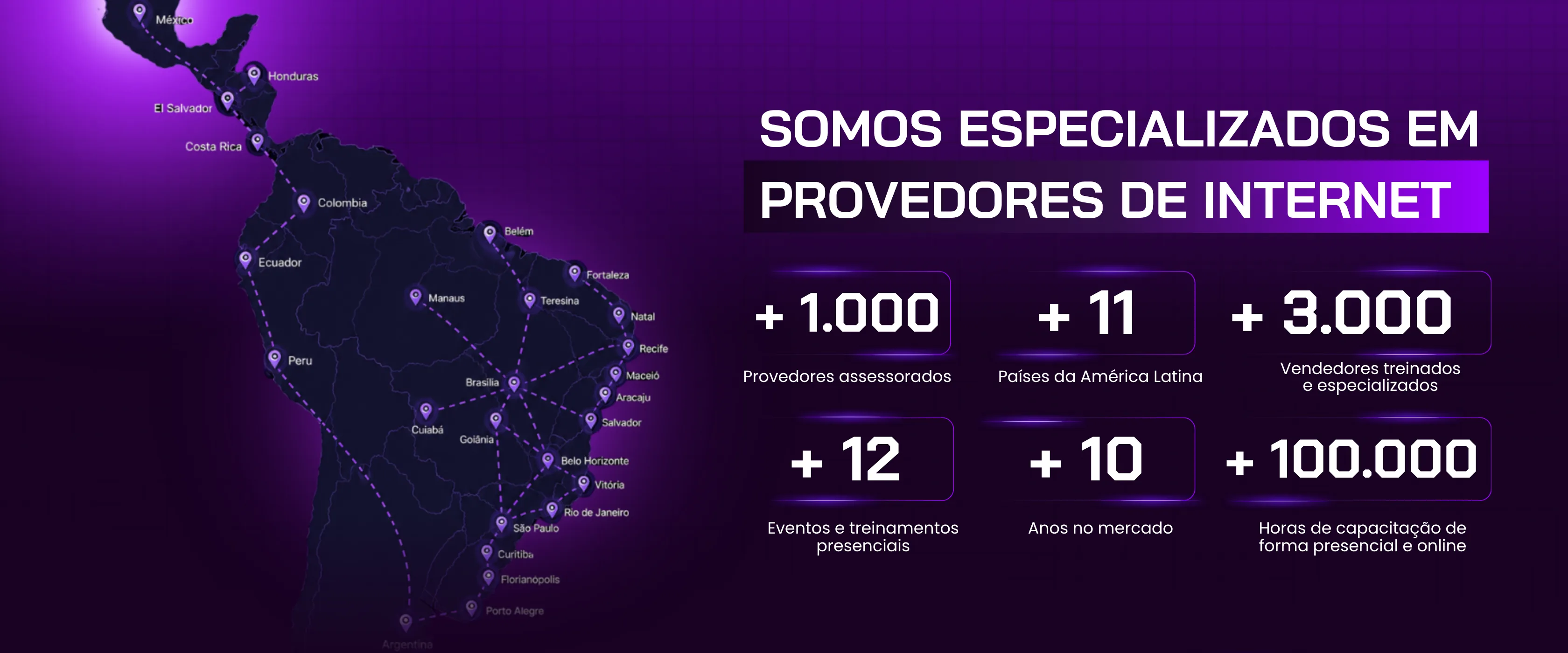 DELIPE, especializada em provedores de internet: +1.000 provedores assessorados, +11 países da América Latina, +3.000 vendedores treinados, +12 eventos e treinamentos presenciais, +10 anos no mercado e +100.000 horas de capacitação