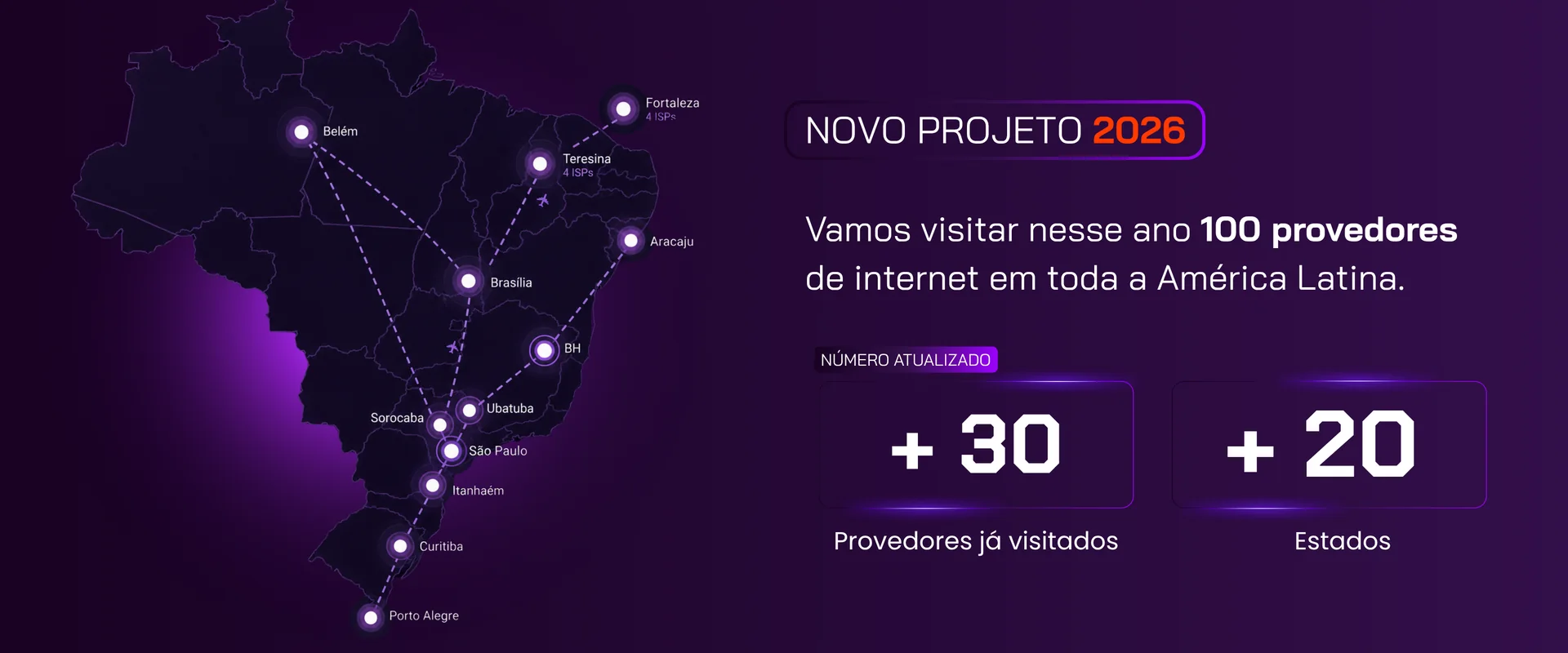 Mapa do projeto 2026 da DELIPE: visita a 100 provedores de internet na América Latina — mais de 30 provedores já visitados em mais de 20 estados
